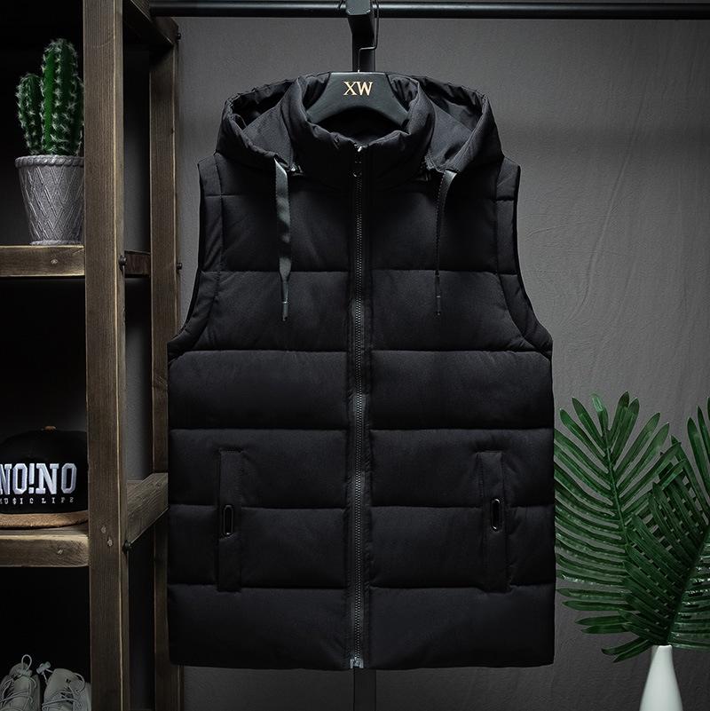 Men's Korean-Style Sleeveless Cotton Vest with Removable Hood, Warm & Trendy for Autumn and Winter.