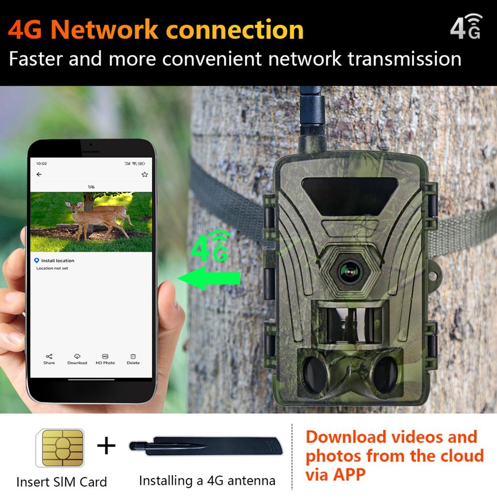 4G Trail Camera 8K Video 60MP Images PIR120°15M-20M Super-Fast Reflex Trigger Wildlife Camera with APP Cloud Storage Infrared Ca