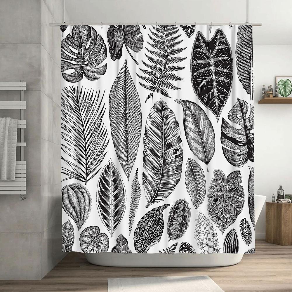 Black White Tropical Leaf Shower Curtain Waterproof Decor for Bathroom Luxury Bath Decoration Gift Idea
