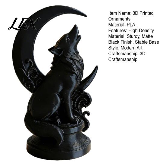 Figurina di Lupo Nero Opaco Scultura Ululante Stampata in 3D con Base a Luna Crescente, Finitura in PLA ad Alta Densità Arte da Collezione, Statua Gotica per Libreria
