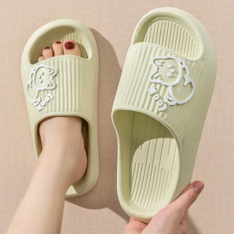 WTEMPO Lovely Couple Slippers Summer Thick Sole Makaron Color Cartoon Animal Stripe Flat Heel Soft Sole Indoor and Outdoor Bathroom Anti-slip Slippers