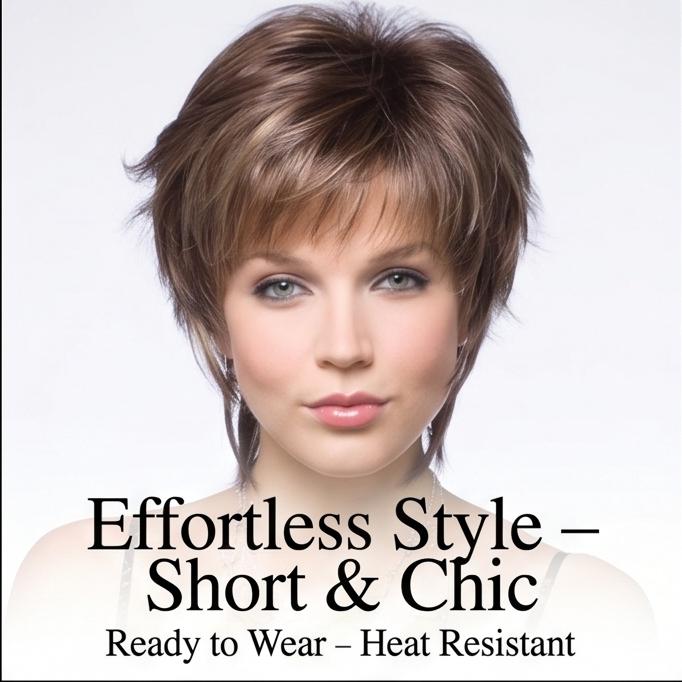 Women's Short Wavy Synthetic Wig - Natural Mixed Brown Hairpiece, Breathable & Lightweight for Daily, Party & Casual Wear, Ready Stock