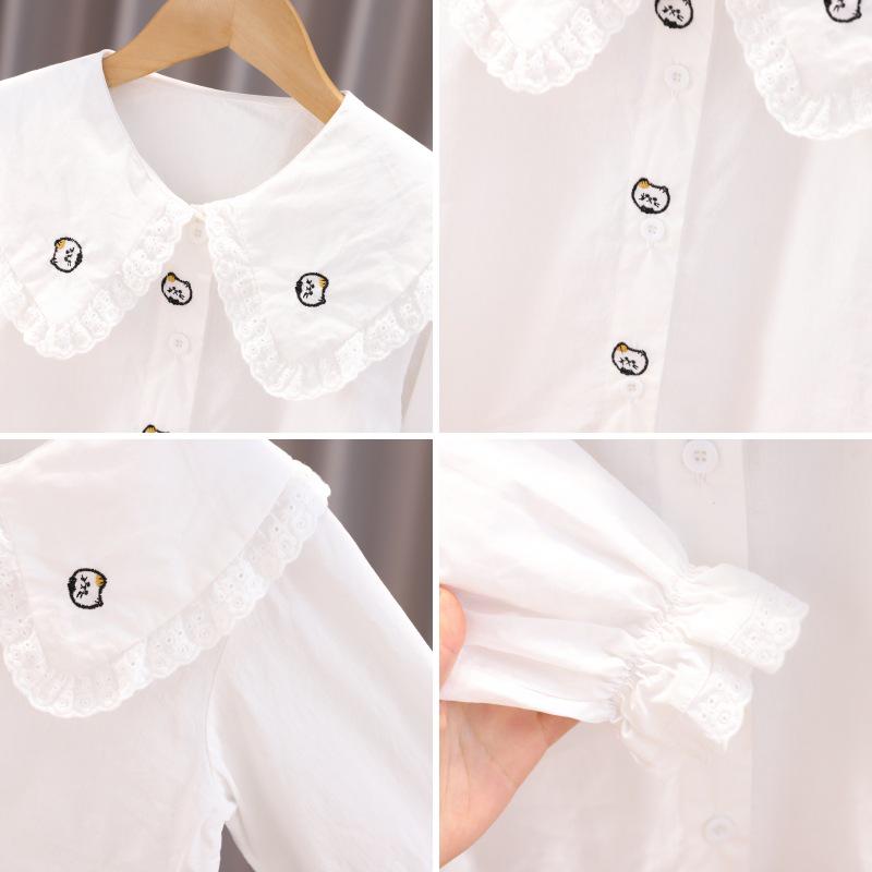 Girls' 100% Cotton White Long-Sleeved Shirt with Doll Collar - Spring/Autumn Style for Older Children