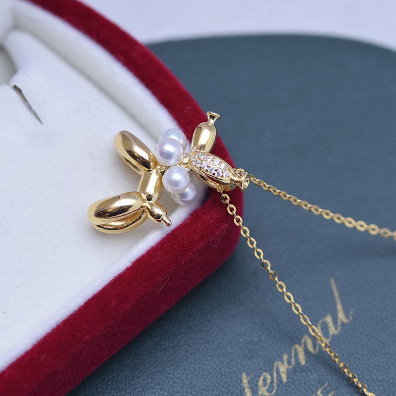 4-5mm Freshwater Pearl Pendant Necklace, S925 Silver, Balloon Puppy Design, Clavicle Chain