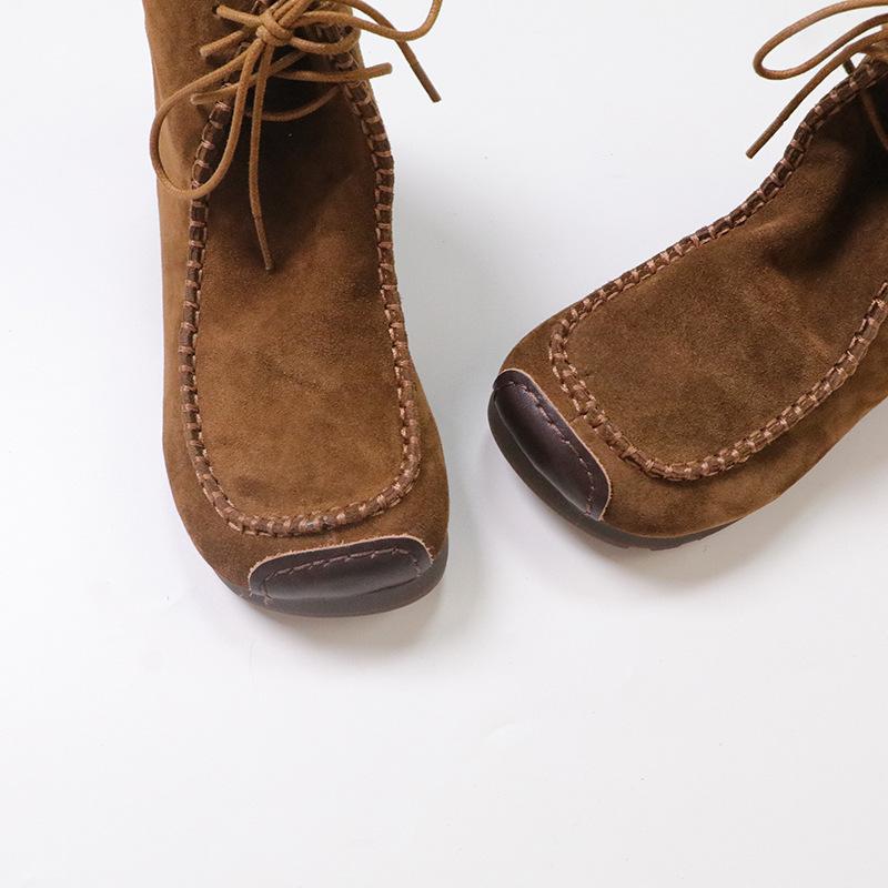 Johnature Retro Cow Suede Lace Up Short Boots Versatile Square Toe Soft Sole Comfortable Women's Ankle Boots