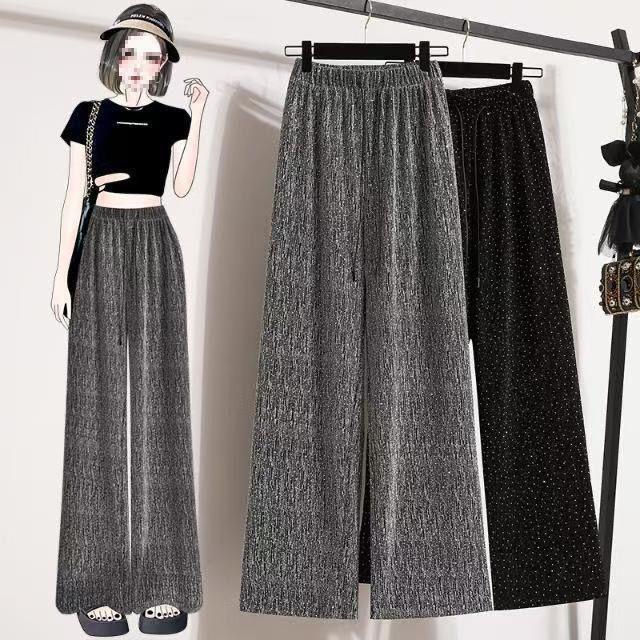 Shiny Rhinestone Sequin High-Waisted Wide-Leg Pants - Women's Summer Korean Style Ice Silk Loose Fit