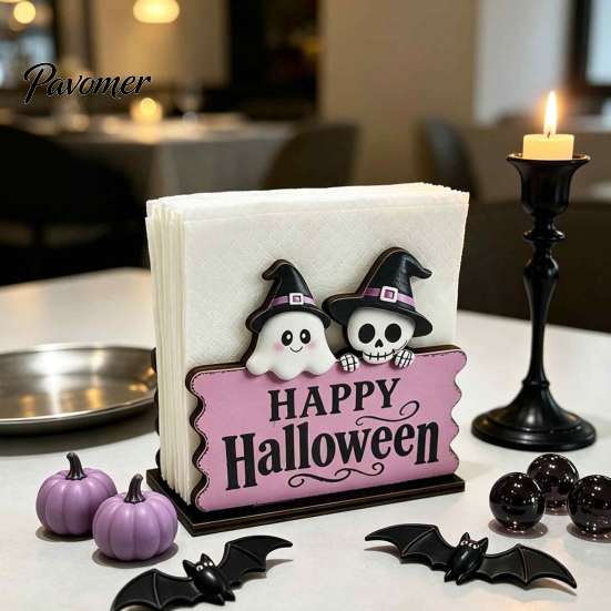 Unique Holiday Kitchen Decor Happy Halloween Wooden Napkin Holder, Cute Ghost Pumpkin Black Cat Tissue Holder for Paper Dispenser, Vertical