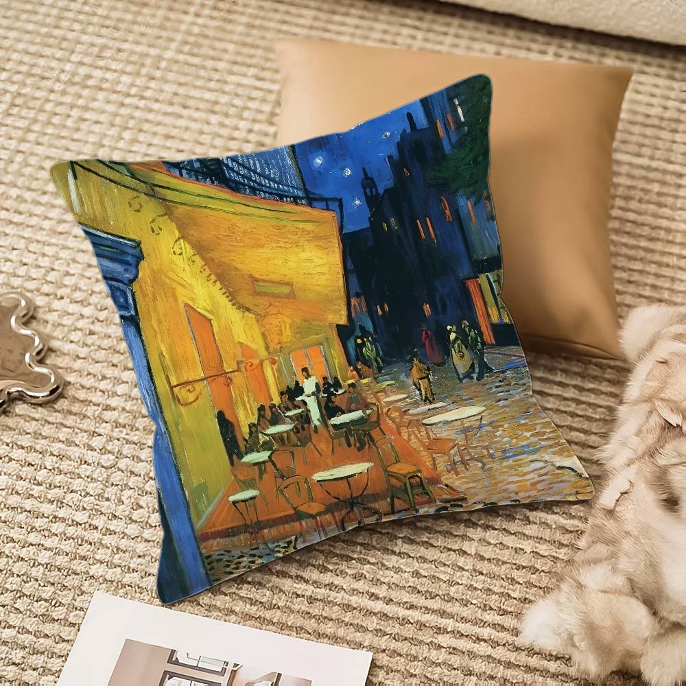 V-Van Gogh Ölgemälde Druck Kissenbezug Milbenschutz Kissenbezug Verdeckter Reißverschluss Seidiger Kurzer Plüsch Sofakissenbezug
