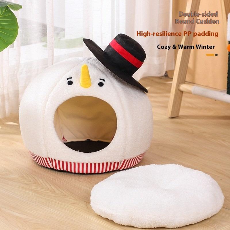 Winter Warm Cat House Semi Closed Cute Christmas Snowman Pet Bed All Season Soft Plush Dog Tent Holiday Gift for Cats Kittens