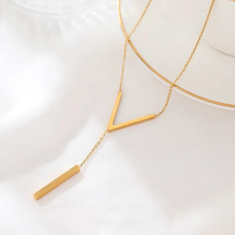 1Pcs Stainless Steel Long Bar Tassel Paragraph V Shaped Collarbone Necklace Female Holiday Party Minimalist Style