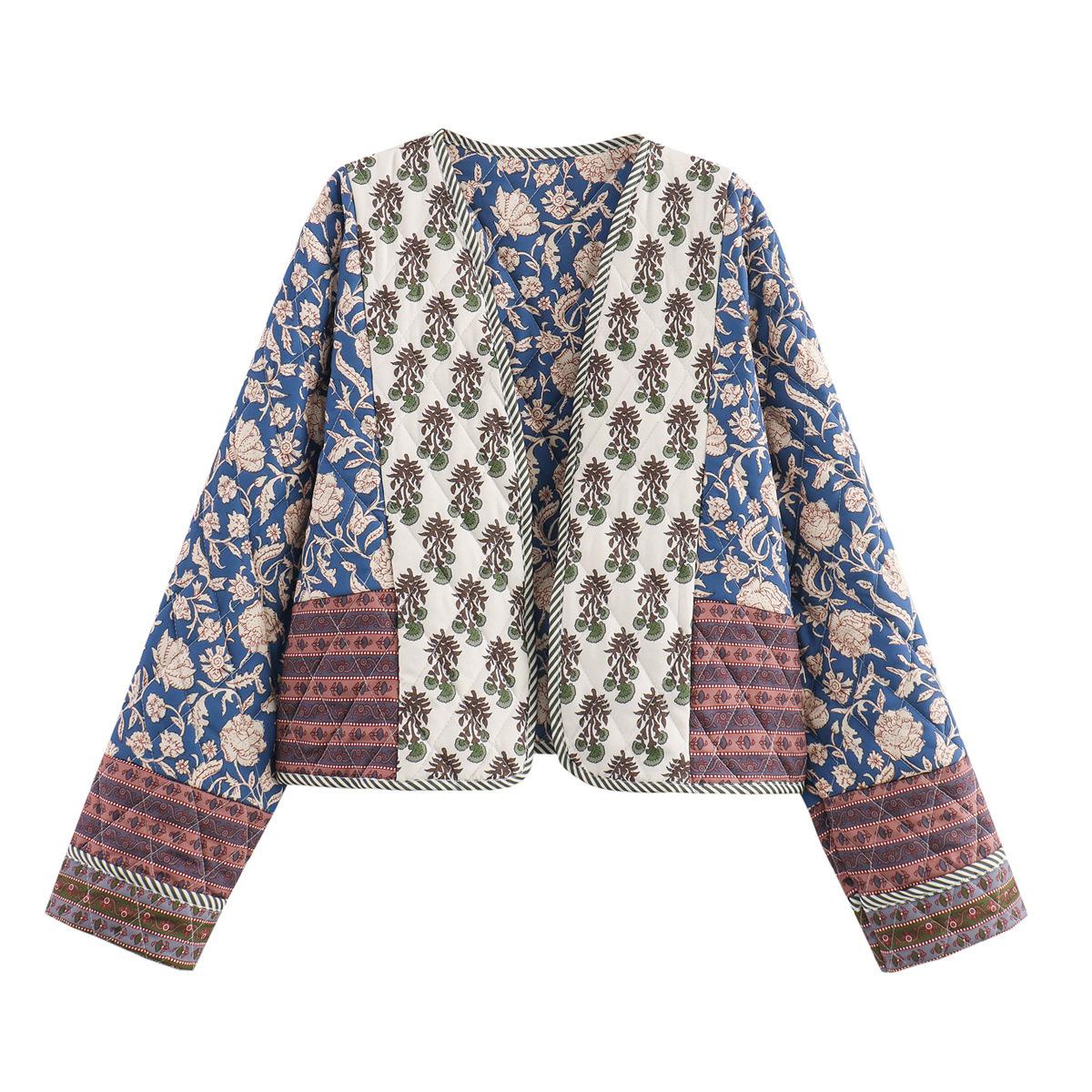 

Женская хлопковая куртка с принтом в стиле пэчворк, стеганая, с длинным рукавом, свободная, короткая, теплая, пальто, осень-зима, женская верхняя одежда XS