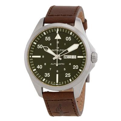 Reloj automático para hombre H64635560 100M con correa de piel de piloto de aviación color caqui y esfera verde