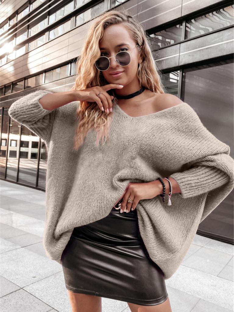 New Loose Batwing Sweater Candy Color V-Neck Off-Shoulder Knit Pullover Casual Women's Sweater