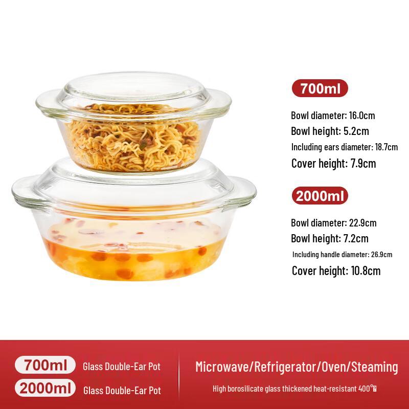 Waihe Heat-Resistant Glass Bowl Set with Lids 700ml+2000ml