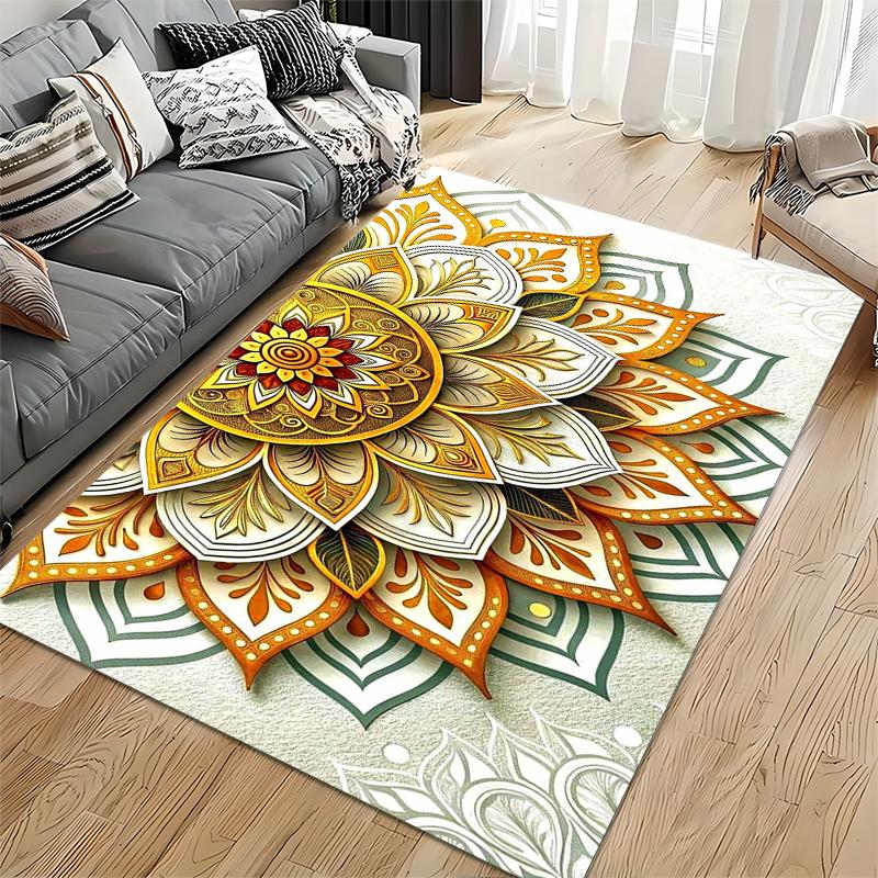 Area Rug, 3D Mandala Flower Gold Orange White Paper Cut Print, Living Room Decor, Non-Slip Mat