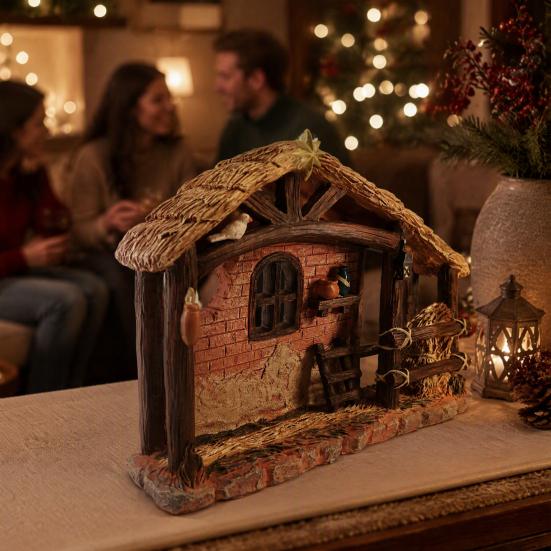 Christmas Nativity Scene Decor Manger House Ornament with Warm Lights, Retro Resin Stable Decorative Figures Figurine, Rustic Religious Display Props