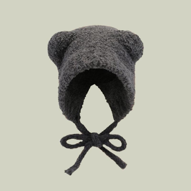 Bear cute bag head hat women's autumn and winter versatile new warm ear protectors big head circumference wool knitted hat