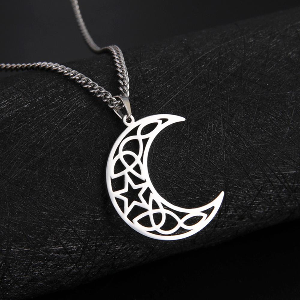 Viking Celtics Crescent Moon Pendant Necklace for Men Women Stainless Steel Gothic Jewelry Wicca Amulet Gift