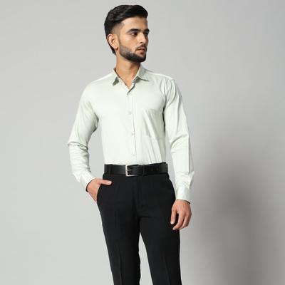 Men's Pista Green Formal Cotton Satin Long Sleeve Shirt - 90% Combed Cotton 10% Satin