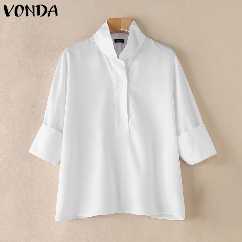 VONDA Женская модная однотонная рубашка со средним рукавом и пуговицами 5XL розовый — фото 5