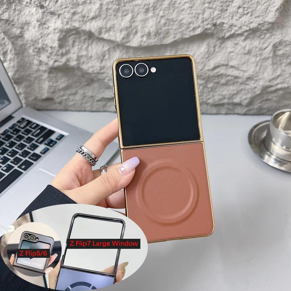 

Luxury Busine Sle Bla Magnetic Leather Phone Case for Samsung Galaxy Z Flip 7 6 5 4 3 Slim Plating Frame Wireless Charging Shockproof Protect Cover Galaxy Z Flip6