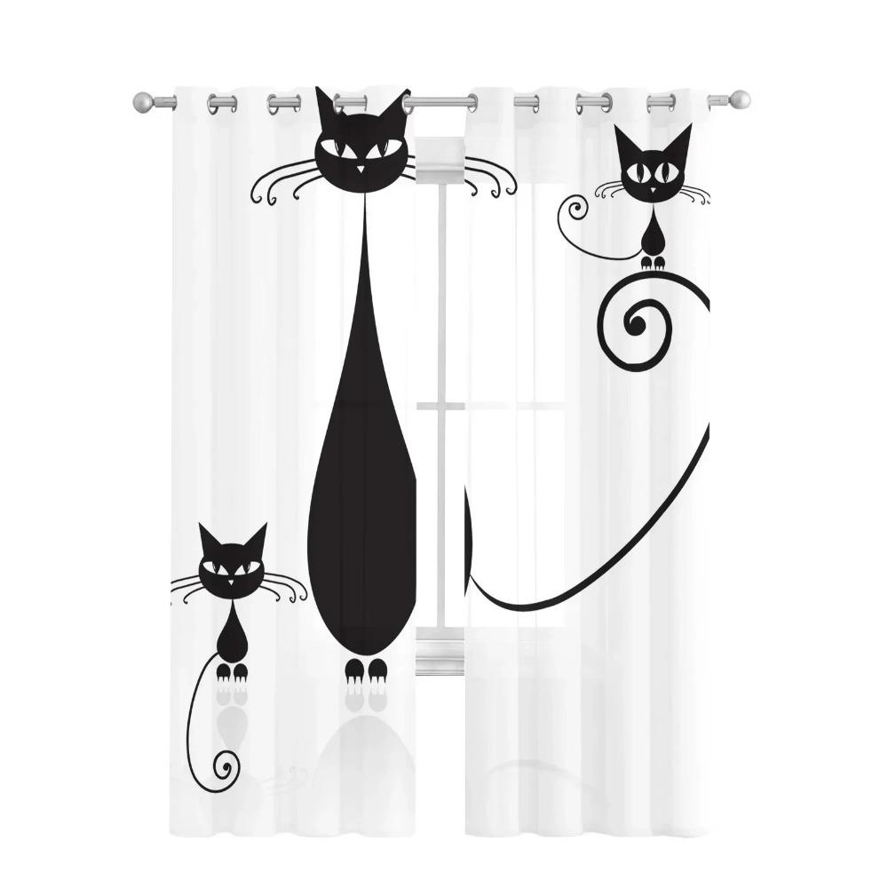 Black Cat Animal Pure White Fine Netting Transparent Drapes Perfect for Living Room Decoration Window Panel Curtain for Bedroom Cooking Area Voile