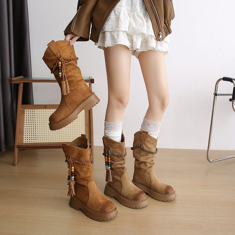 Women's Thick Sole Retro Western Ankle Boots - 2025 Autumn/Winter Fashion Tassel Cowboy Martin Boots