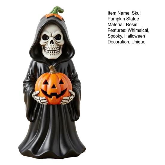 Halloween Skull Pumpkin Figurine Resin Skeleton Holding Pumpkin Statue Spooky Tabletop Ornaments for Indoor Home Decor