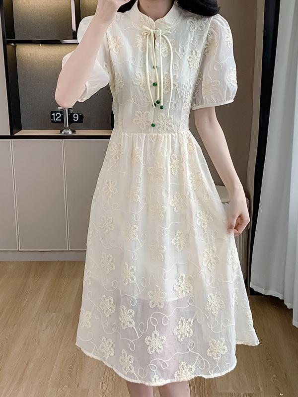 Women's Summer Jacquard Midi Dress with Stand Collar, Slim Waist, and Modern Chinese Style