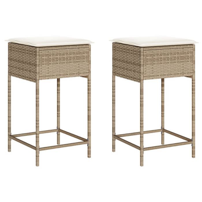 VidaXL Tabourets de bar jardin avec coussins lot de 2 beige poly rotin, tabouret, tabouret de bar extérieur, chaise de bar, 368321