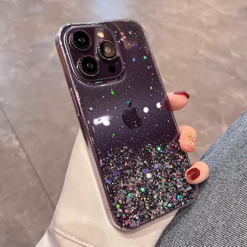 Luxury Purple Glitter Sequin Transparent Phone Case For iPhone 11 12 13 14 15 16 Pro Max XS X XR 7 8 Plus SE Soft Silicone Cover
