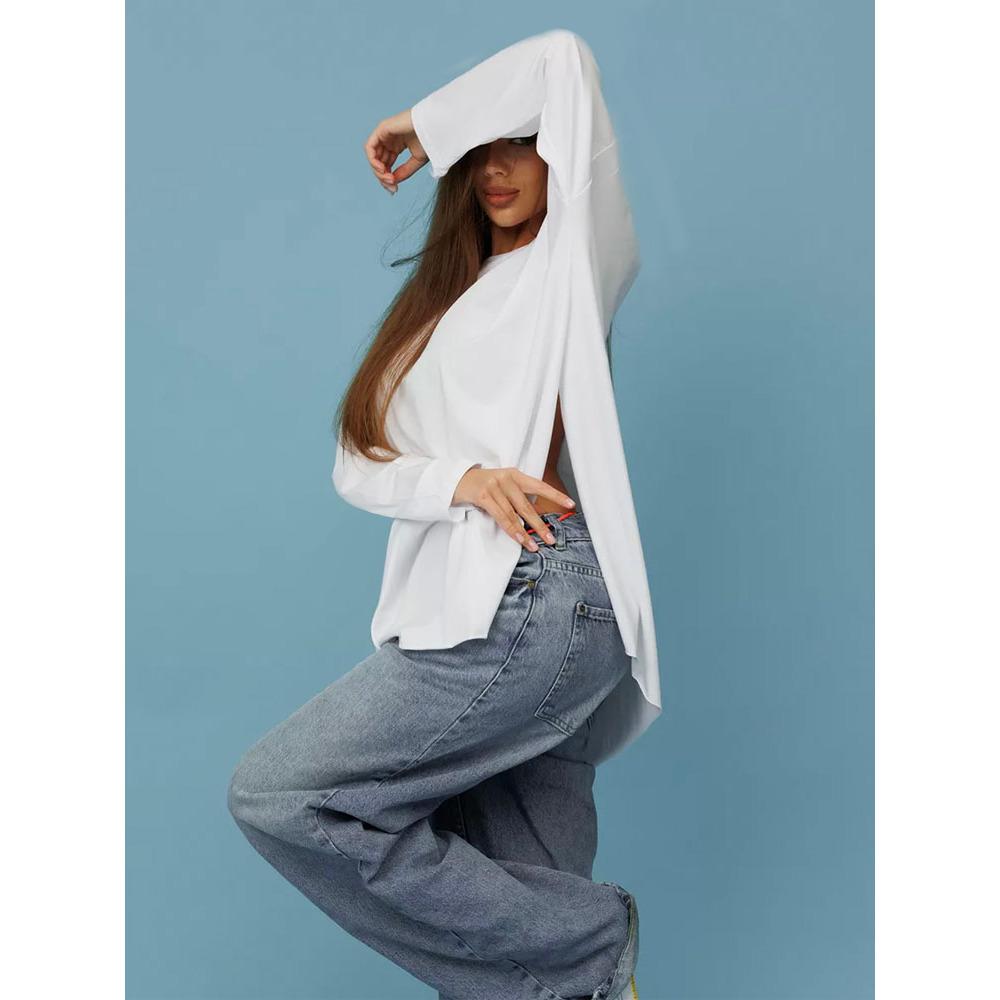 Hirsionsan 2025 Spring Summer New Arrival Women's Long Sleeve Cotton Loose Fit Slit Distressed T-Shirt Female