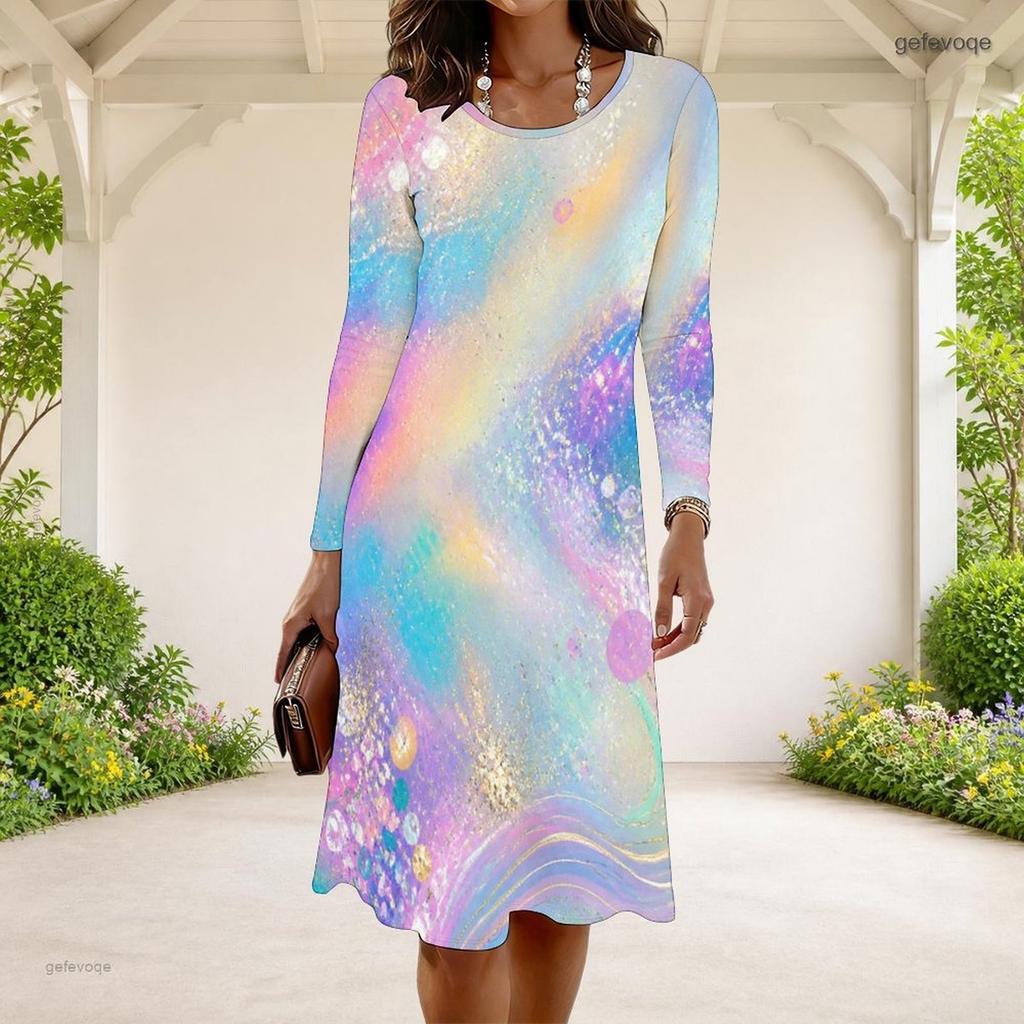 Women Plus Size Round Neck Long Sleeve Black Printed A Line Dress