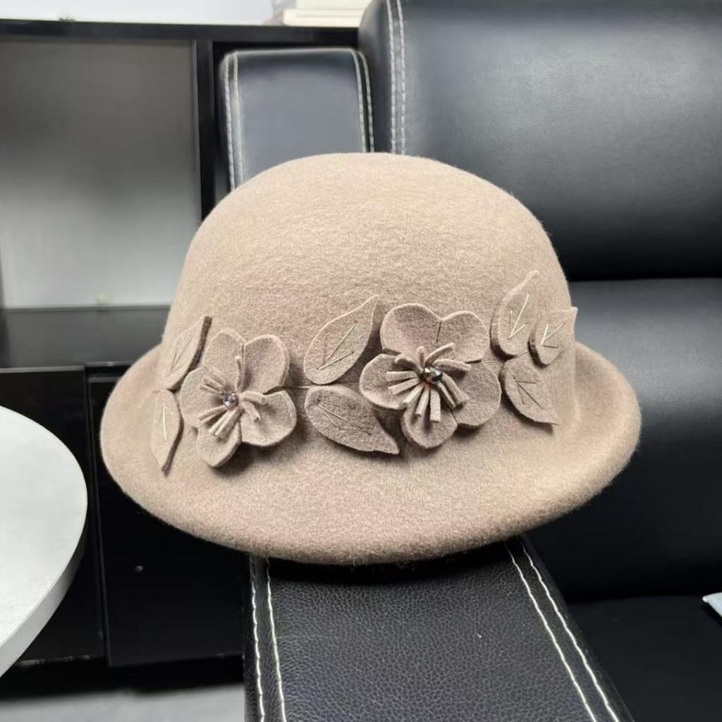 Sweet Light Luxury Trendy Top Hat Retro Flower Wool Pot Hat Fashion Warped Beret Autumn and Winter Warm Pot Hat Women