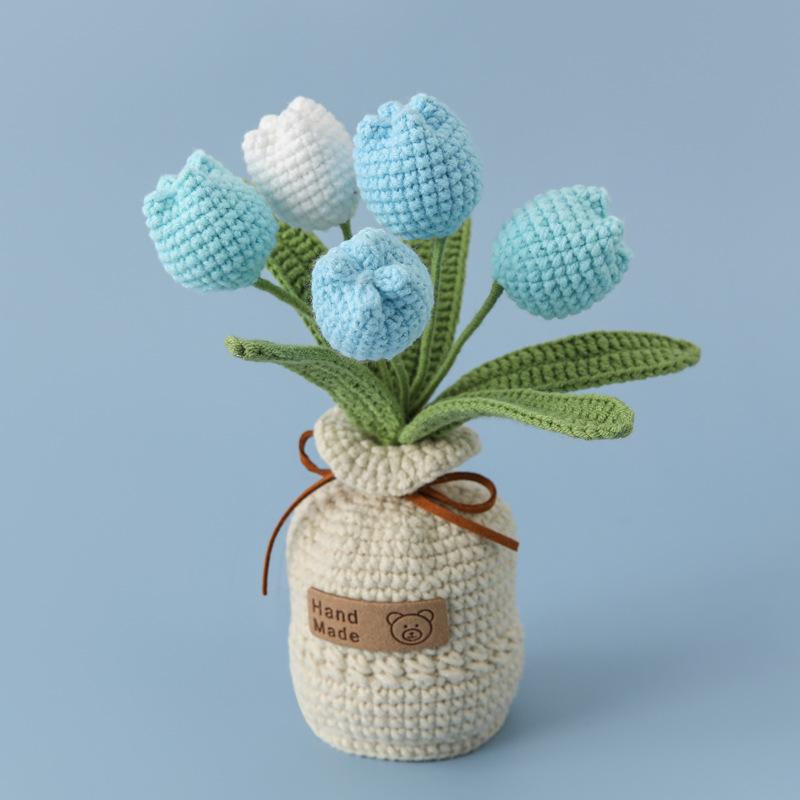 2025 Tulips Crochet Flowers with Kintted Potted Kinttted Sunflower Pot Desk Accessories Handwoven Plant Pot Home Decor Gift