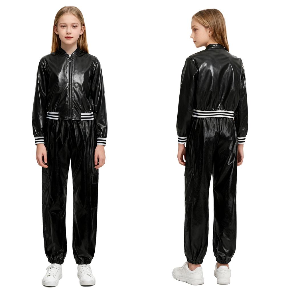 Kids Girls Hip-Hop Jazz Dance Costume Complete Set: Metallic Zipper Jacket & Pants, Stand Collar Long Sleeve Stage Outfit