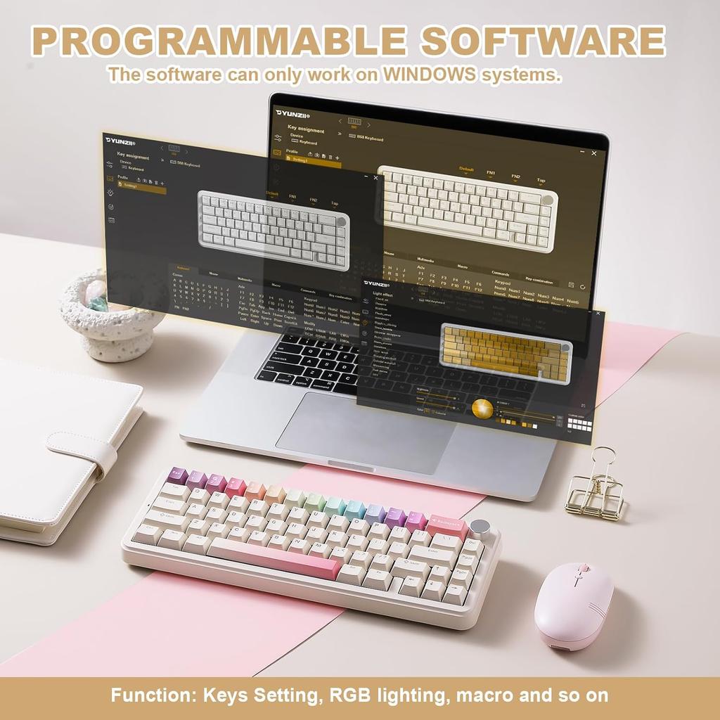 YUNZII B68 Wireless Mechanical Keyboard,Tri-Mode BT5.0/2.4GHz/USB-C,Cute PBT Keycaps,Hot Swappable Creamy Typing Gasket Mounted,RGB Backlit NKRO for