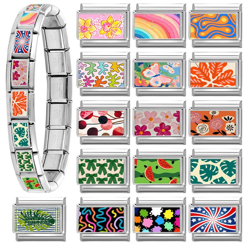 Fashion Colorful Flowers Heart Star Watermelon Butterfly Leaves Italian Charm Links Fit 9mm Stainless Steel Bracelet DIY Making