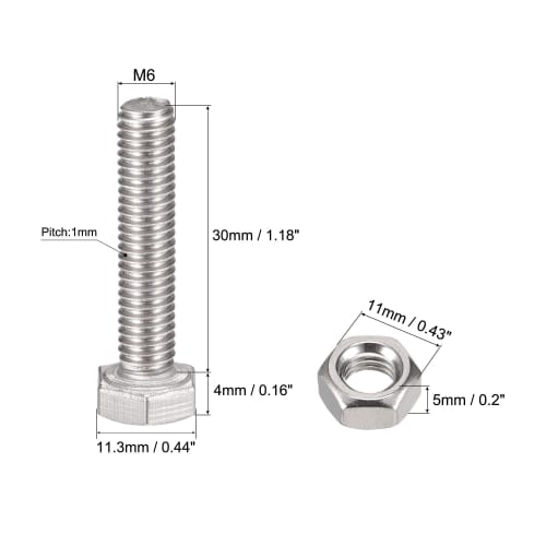 uxcell Hex Bolts, Nuts, Hex Head Screws, Flat & Lock Washer Kit, 304 Stainless Steel, Full Hex Bolt Thread, M6 X 30mm, 6 Sets