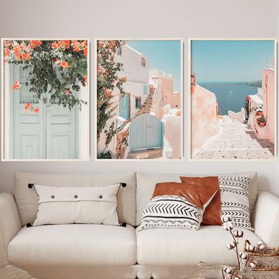 Grecja Santorini Plakat Wydruk Boho Blush Śródziemnomorskie Kwiaty Obraz Na Płótnie Minimalistyczny Nowoczesny Sztuka Ścienna Salon Wystrój Domu