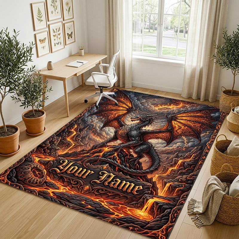 Dragon Phoenix Theme Crystal Velvet Rug Personalized Custom Name Text Soft Floor Mat Home Decor
