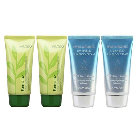 FARM STAY Green Tea Seed Moisture Sun Cream 70g & Hyaluronic UV Shield Sun Block Cream SET (2 Options)