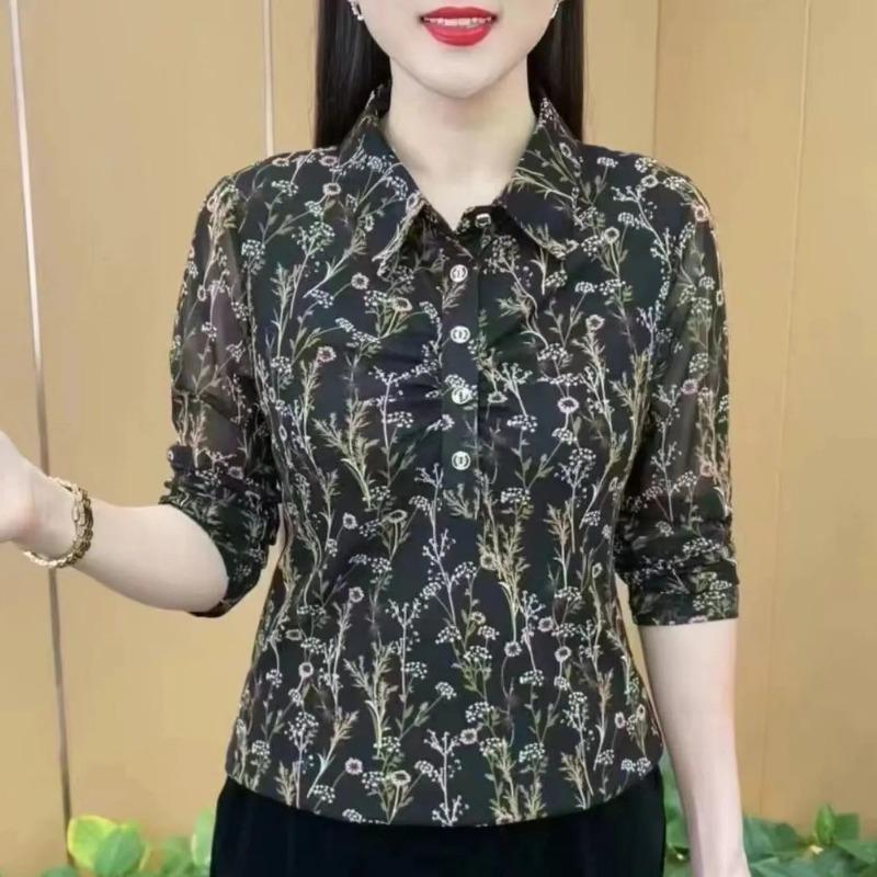 

Autumn Fashionable Lapel Button Printed Mesh Long-sleeved Tops Women s Tik Tok Same Style Floral 6XL чорний