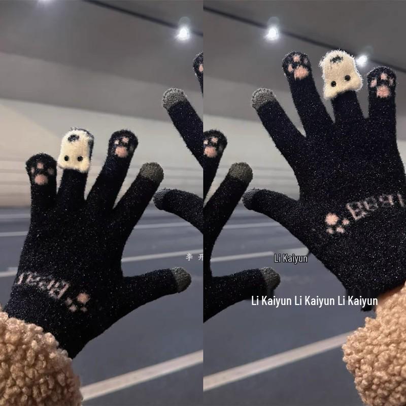 Women's Cute Winter Touchscreen Wool Knit Gloves - Velvet Lined, Cold-Proof for Cycling and Daily Wear