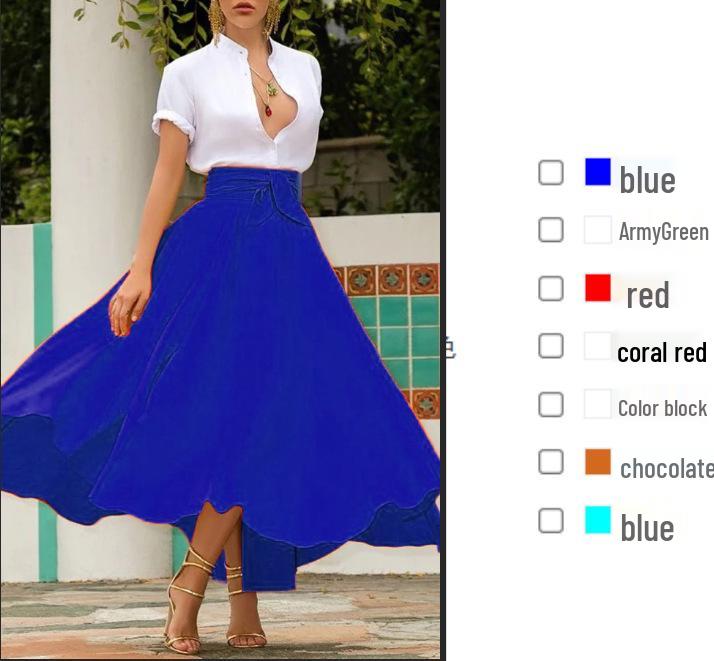 Solid Color Belted Midi Skirt - European and American Style Women's Fashion