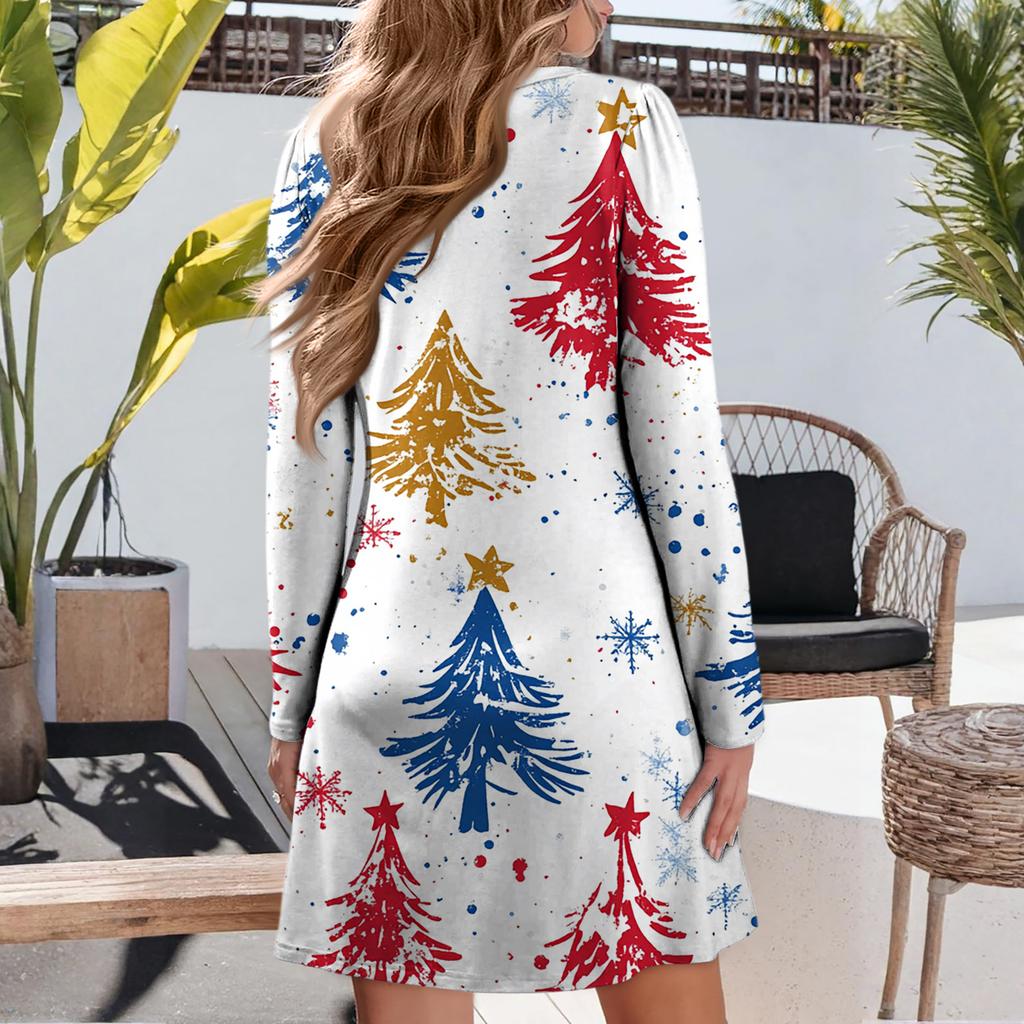 Women's Christmas Printed Dress Loose V-neck Casual Long Sleeved Dress