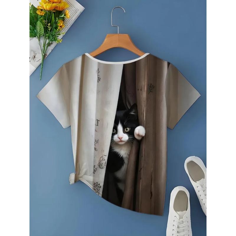 3D Printed Women's V-neck T-shirt with Kitten Pattern Versatile Summer Fresh Women's Edition T-shirt Breathable Machine Washed Outdoor Top