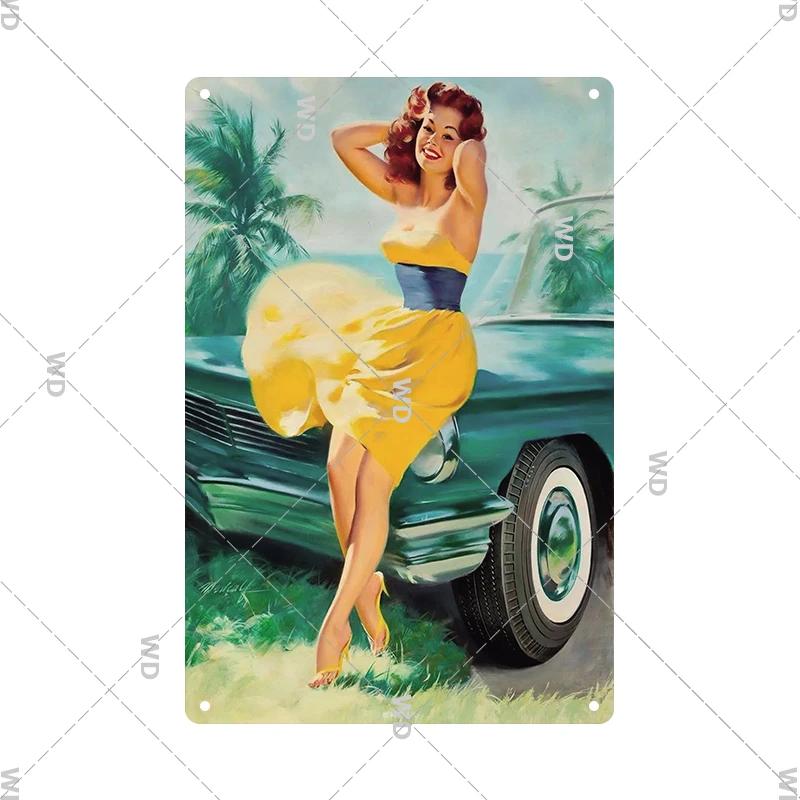 Retro Pin Up Girl Amerikanischer Stil Blechschild Metall Vintage Plakette Wandschilder Metallposter Platte Garage Schlafzimmer Man Cave Geschenk Dekor