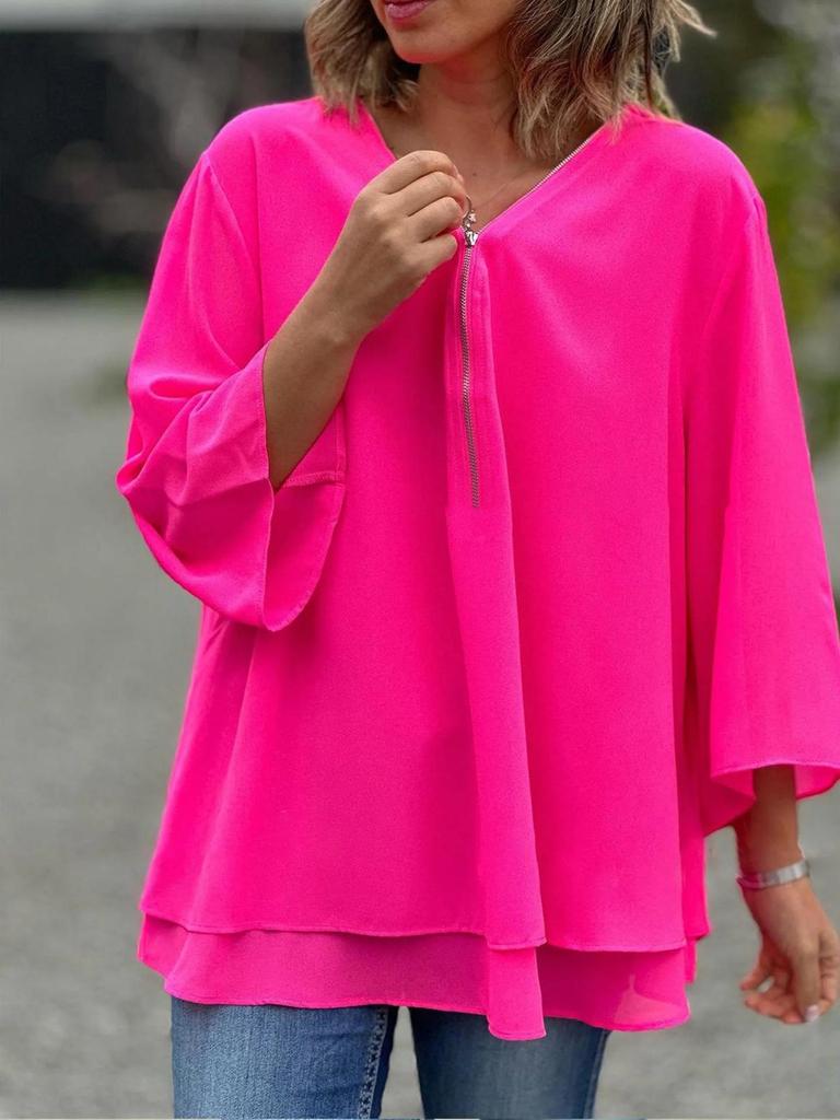 2024 V-Neck Three-Quarter Sleeve Chiffon Top with Metal Zipper – Casual and Loose Fit for Europe & America