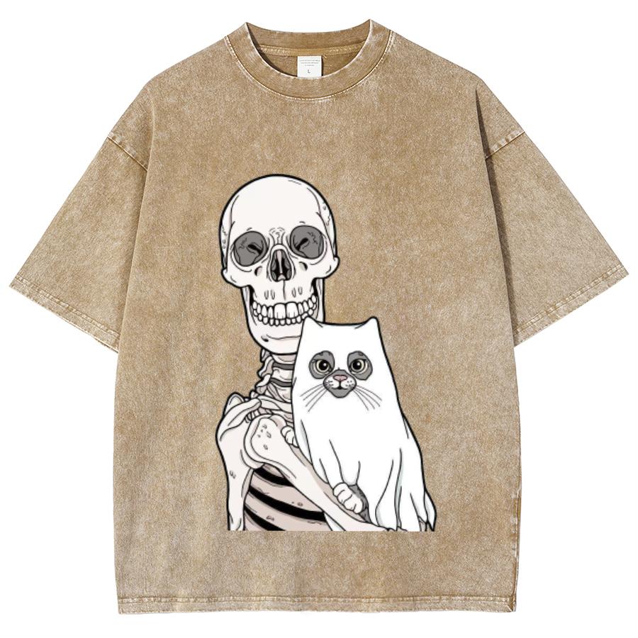 Vintage Wash Denim T-Shirt Unisex Oversized Skull Print Graphic Tees Women Loose Casual Fit Season Luxury Brand Tshirt